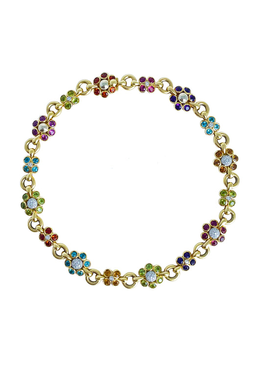 Vintage Italian Multi-Color Flower and Diamond Necklace