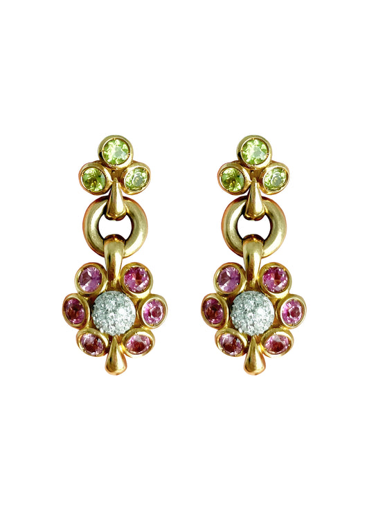 Vintage Italian Pink and Green Flower Earrings with Diamonds