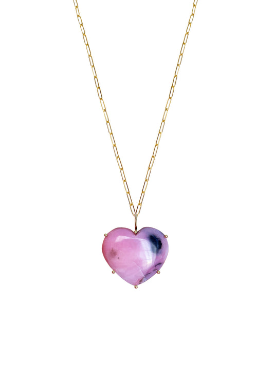 Cabochon Large Heart Necklace - Pink Opal