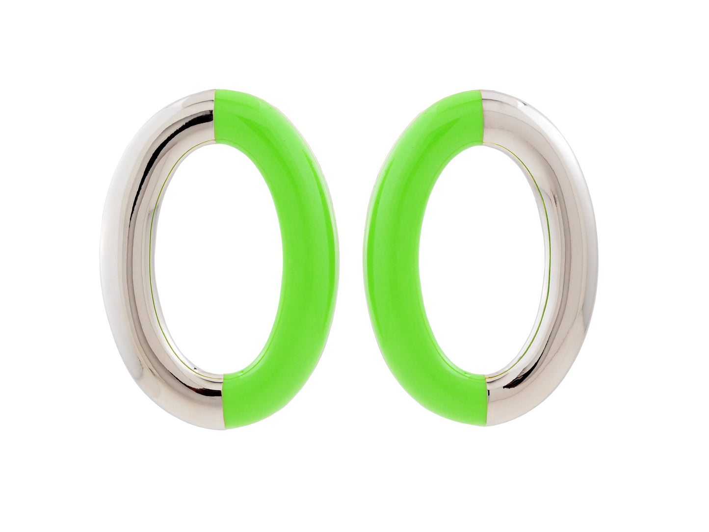Neon Green and Silver Enamel Oval Hoops