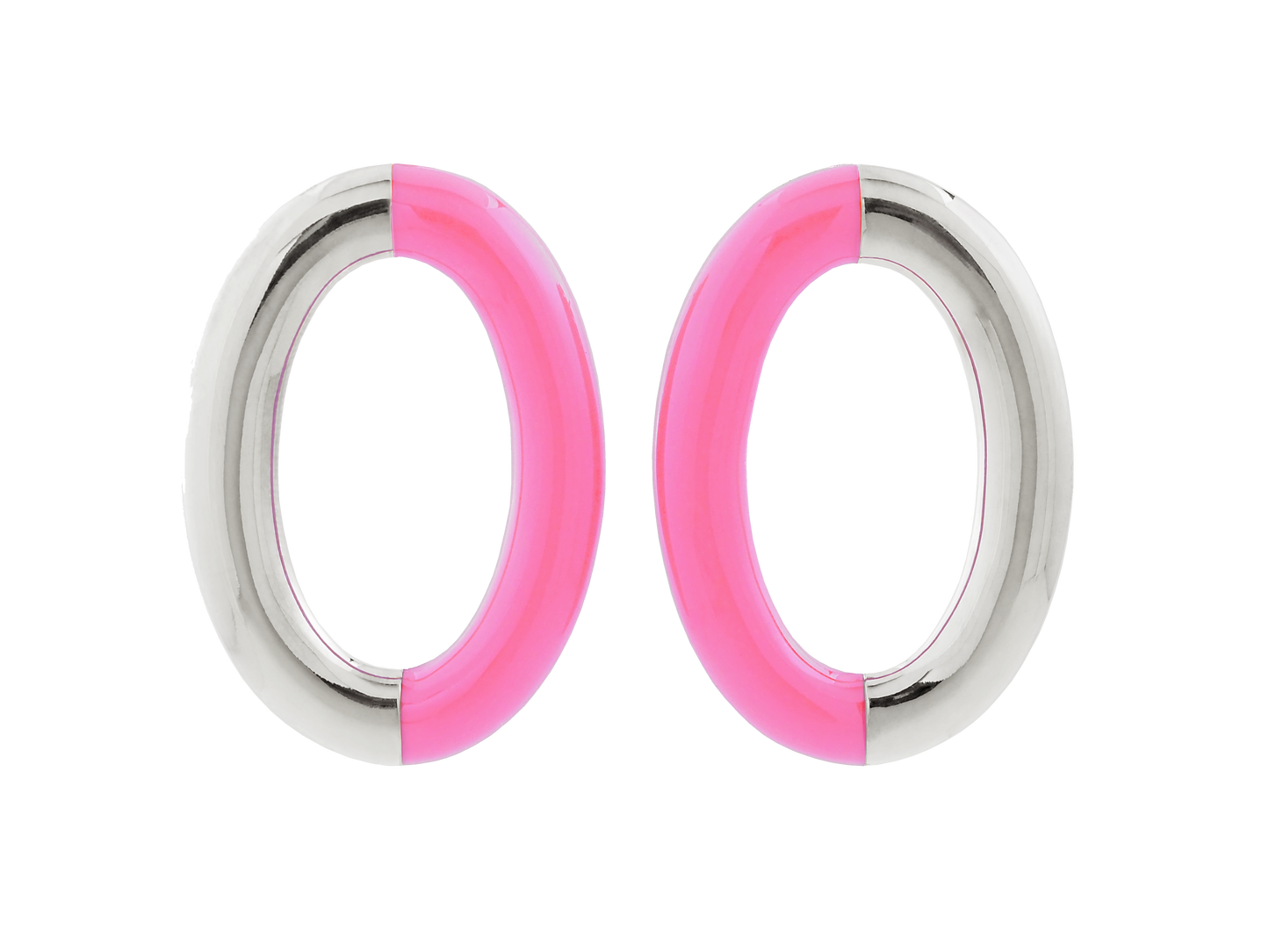 Neon Pink and Silver Enamel Oval Hoops