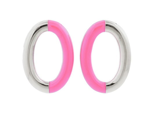 Neon Pink and Silver Enamel Oval Hoops
